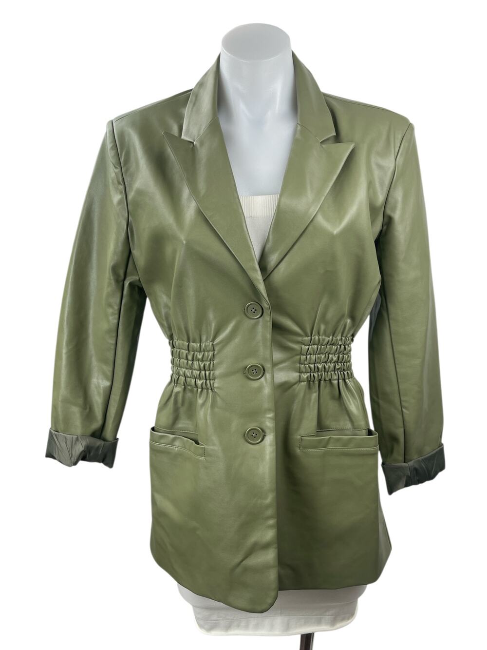 Steve Madden Frida Green Faux Leather Vegan Smocked Waist Coat Jacket Size XS